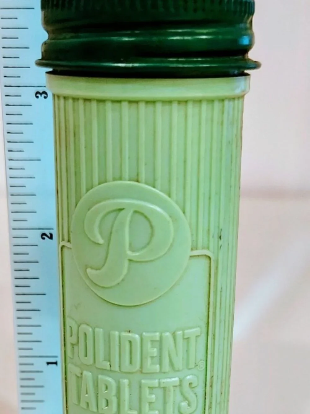 Vintage 1950's Green Polident Tablet Container Metal Lid